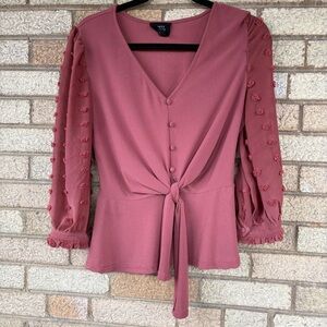 Fifty Street Blouse Mauve Tie-Front with Pom-Textured Sleeves